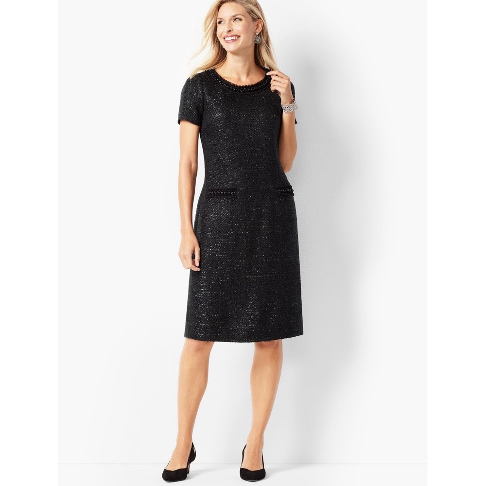 Talbots Women's Black Pearl Beaded Acrylic Blend Tweed Shift Dress Size 10 $169
